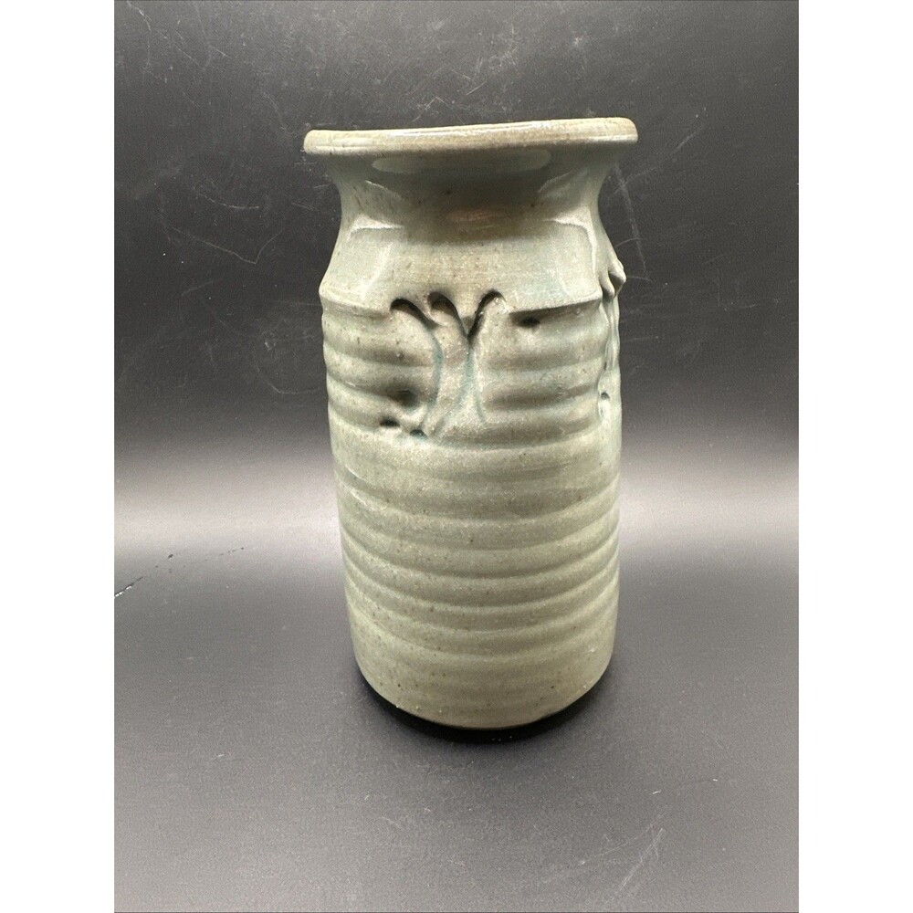Studio Pottery Vase Blue Teal Stamped Design Signed  7”